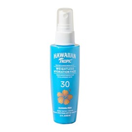 Hawaiian Tropic Bruma de agua de hidratación sin peso para rostro SPF 30, 2.1 onzas líquidas, spray hidratante de niebla facial SPF de tamaño de viaje, protector solar no comedogénico, spray de protección solar sin aerosol, 2.1 onzas líquidas