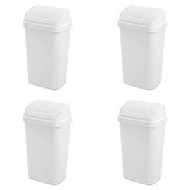 Sterilite 13 Gallon Swing Top Wastebasket with Lid, Large Plastic Trash Can for the Kitchen & Mudroom, White Lid and Base, 4-Pack