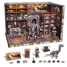 Flyintoys Book Nook Kit, DIY Miniature Dollhouse Booknook Kit for Adults and Teens, 3D Wooden Puzzle Bookshelf Decor Crafts Kits with LED Light for Family and Friends (Dinosaur Research Institute)