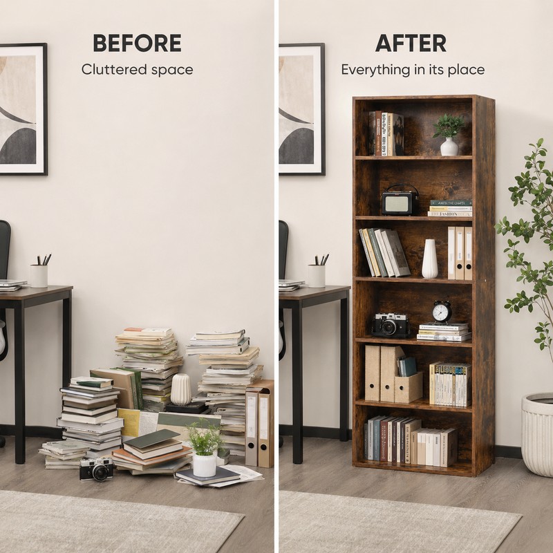 6-Tier Wood Bookcase, 63-Inch Tall Bookshelf with Anti-Tip Device, Floor