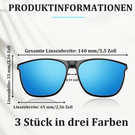 TownTop Pack of 3 Clip-On Sunglasses, UV400, Polarised, Anti-Glare, Perfect for Outdoor, Clip-On Sunglasses for Glasses Wearers, Versatile and Stylish, multicoloured