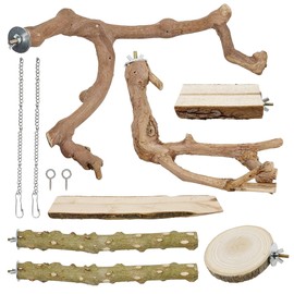 Attuslla Natural Wooden Perch Bird Stand Parrot Perch Stand, Natural Wood Platform Bird Climbing Standing Branches Toy for Small Lovebirds Budgies Cockatiels