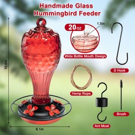 Jarkyfine Hummingbird Feeders for Outdoors Hanging, Hand Blown Glass Hummingbird Feeder with Ant Moat, Shiny Red Scales Design, Garden Backyard Decor Gifts for Women Mom (Red)