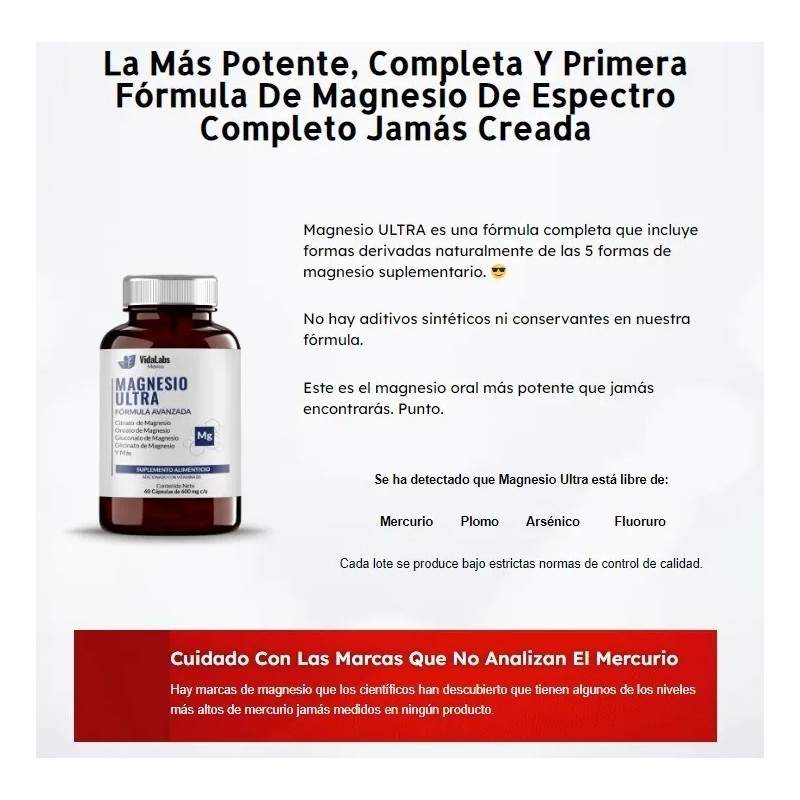Magnesio Ultra VidaLabs Espectro Completo 60 Caps. Premium. Sabor Sin