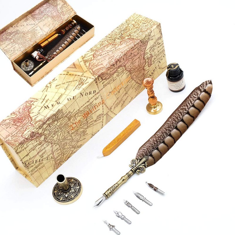 GC QUILL Antique Quill Pen Unique Half-Patterned Feather Pen Set