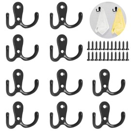 10 Pack Double Prong Robe Hooks,Heavy Duty Coat Hooks Wall Mounted Coat Hanger Hat Hooks with 20 Screws for Kitchen Bathroom Bedroom