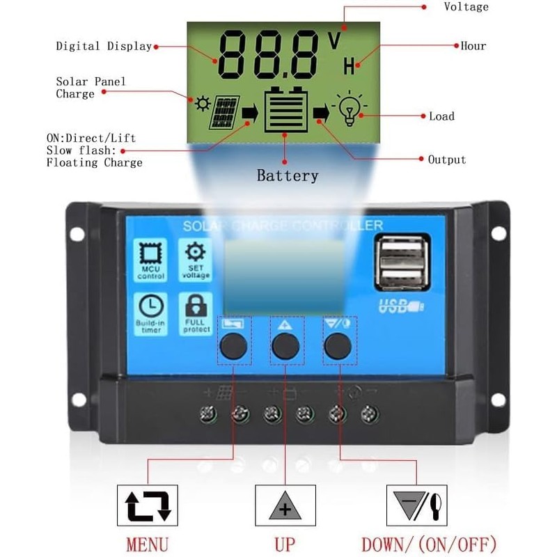 30A Solar Charge Controller,12V/ 24V Solar Panel Charge Controller,Timer Setting