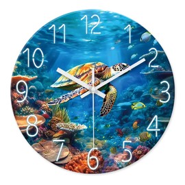 XNM Sea Turtle Glass Battery Powered Clock 14 Inch Ocean Blue Analog Clock for Bathroom Round Silent Wall Clock Non Ticking