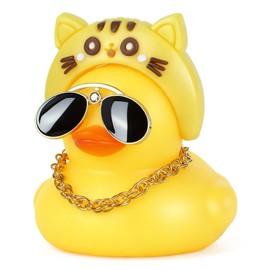 BOZILY Yellow Rubber Duck with Tiger Headband, Sunglasses, Gold Necklace & Stickers, Squeaky Duck for Car Dashboard Decoration, Party Favors, Creative Gifts