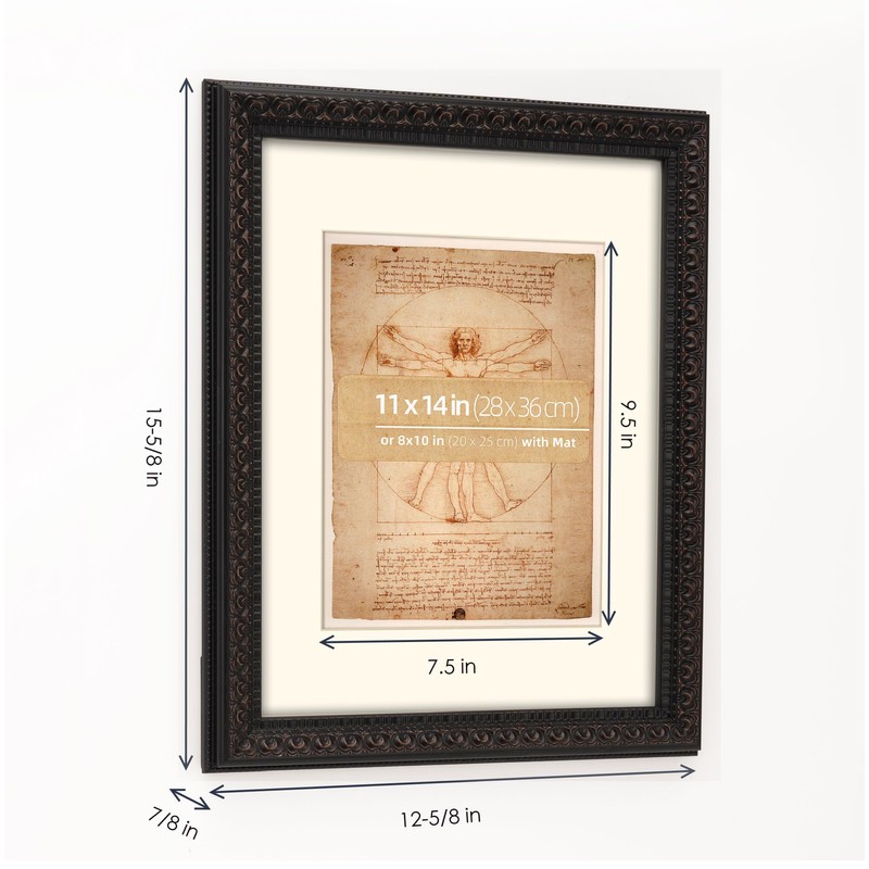 WYNCO 11x14 Rustic Black Ornate Wooden Picture Frame, with Mat