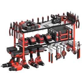 CCCEI Power Tool Organizer Wall Mount, Large 3 Layer Garage Storage Shelves and Organization, Heavy Duty Metal Drill, Battery, Tools Box Holder Rack, Gifts for Men, Red.