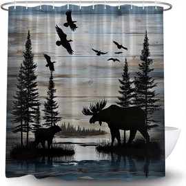 JOFKAXU Rustic Cabin Forest Shower Curtain Vintage Bear Moose Elk Deer Pine Tree Bird Wildlife Camping Lodge Hunting Wild Animal Farmhouse Country Bath Curtain with Hooks