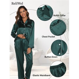 Reliwel Women's Satin Pyjamas with Button Placket Long Sleeve Two Piece Pyjamas Women's Long V-Neck Sleepwear Cosy Classic Loungewear Leisure Suit Pjs for All Seasons, Grün-a