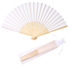 SL crafts 24pcs White Imitated Silk Hand Fan Imitated Silk Fabric Bamboo Handheld Folded Fan Bridal Dancing Props Church Wedding Party Favors with Organza Bags (White)
