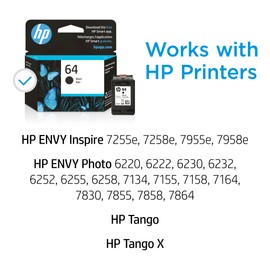 HP HP 64 Black Ink Cartridge | Works with HP ENVY Inspire 7950e; ENVY Photo 6200, 7100, 7800; Tango Series | Eligible for Instant Ink | N9J90AN