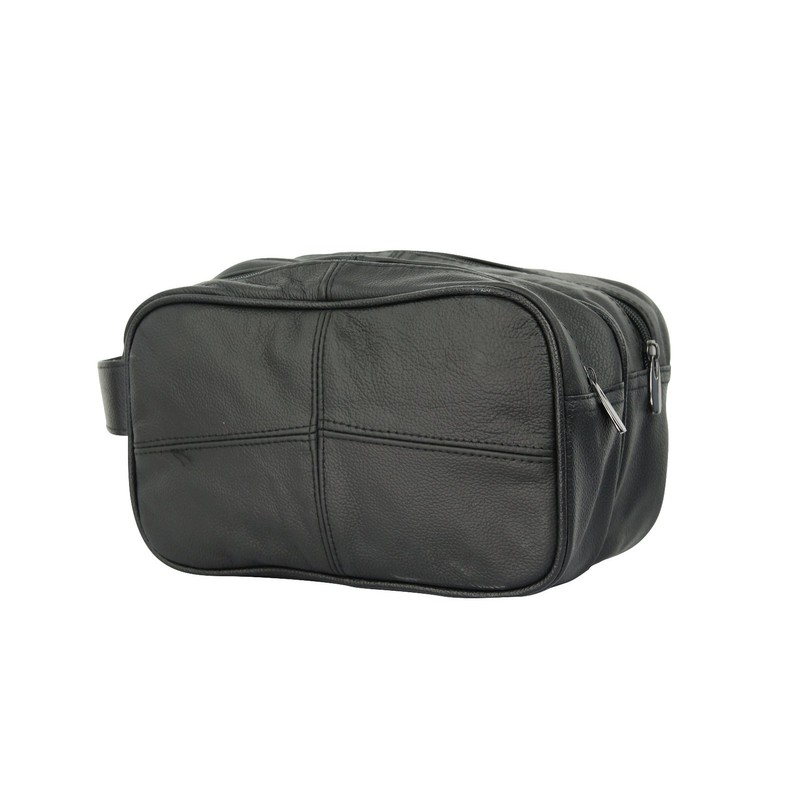 LORENZ - Miami Large Leather Wash Bag Toiletry Case (Black)