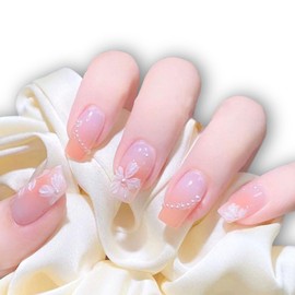 Nail Tips, Set of 24 False nails, Gradient, Pink, Cherry Blossoms, Shiny, Nails, Finger Parts, Double-sided Tape, 48 Sticks, File, Alcohol Pad Included, Petals