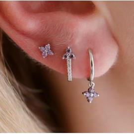 3 Pairs Silver Sutd Earrings for Women Girls, 925 Sterling Silver Small Helix Purple Cubic Zirconia Flower Cartilage Hypoallergenic Sleeper Studs Earrings Jewelry Gifts
