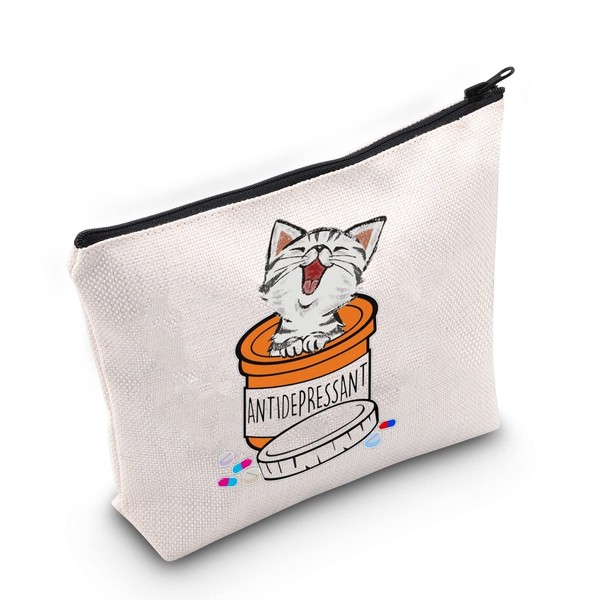 G2TUP Cat Kitten Lover Gift Antidepressant Cat Makeup Bag Cat Kitty Mom Cosmetic Bag Cat Owner Gift Pet Lover Owner Travel Bag with Zipper, Antidepressant Cat White Bag,