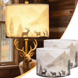Novantl Fabric Lamp Shades Set of 2, 13x13x10in Drum Lamp Shades, HD Printing Deer and Forest Lamp Shade, Western Lampshade fit with Spider, Rustic Farmhouse Lamp Shade for Table Lamps, Floor Lamps