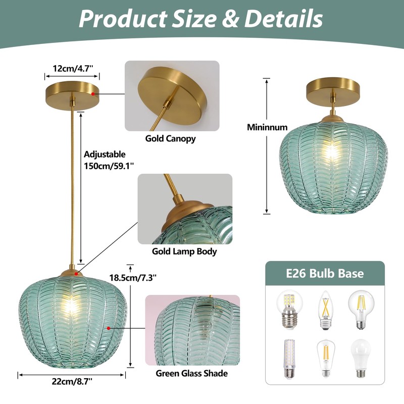 KCO Lighting Vintage Green Glass Pendant Light Gold Globe Pendant