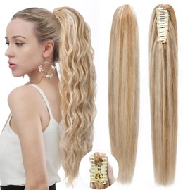 SEGO Pro Claw Clip Ponytail Extension Human Hair Long Straight Clip in Ponytail Hair Extensions Real Hair Ponytail Extension,16inch #12P613 Golden Brown mixed Bleach Blonde,105g