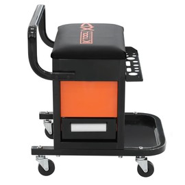 K Tool International XD74983 Creeper Seat with Tool Storage for Garages, Repair Shops, and DIY, Padded Seat, 300 lbs., 2 Slider Drawer, Tubular Steel Frame, (4) 2.5" Swivel Casters, Black/Orange