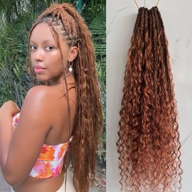 Human Hair #30 color Crochet Boho Box Braids with Curls Pre Looped Curly Crochet Hair Synthetic Braids Goddess Box Braids for Black Women 18inch 2 Pack 80 Strands