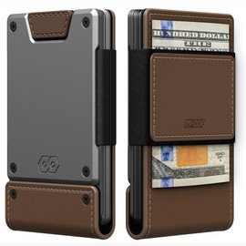 PROOF Wallet | Slim Minimalist Wallets for Men | Leather & Metal | RFID Wallet | Front/Back Pocket | Gift Box | Veteran Owned (Legacy (Full Grain Brown Leather | Satin Gun Metal))