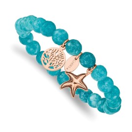 Auriga Fine Jewelry Stainless Steel Antiqued and Polished Rose IP-plated Starfish and Tree of Life 8mm Aqua Dyed Jade Beaded Stretch Bracelet 6"