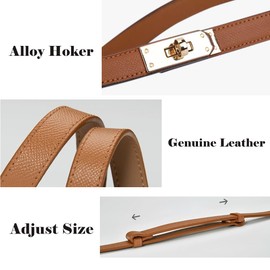 Women Skinny Genuine Leather Belt,Slim Waist Belt with Solid Color Alloy Turn Lock,Adjustable Waistband Thin Waist Belt for Dress Coat Jeans (Caramel-Gold)
