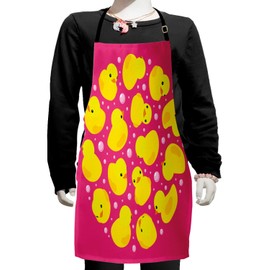 Ambesonne Rubber Duck Apron, Fun Duckies Circle Pattern Bath Bubbles Animal Print, Small Apron Bib with Adjustable Ties for Baking Painting, Small Size, Yellow Pink