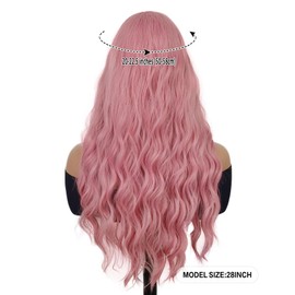 GNIMEGIL Pastel Pink Wavy Wig Long, Flowing Curls and a Charming Fringe for Cosplay Themed Parties or Just Standing Out in Daily Life. Gorgeous and Versatile Hairpiece.