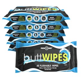 Fresh Body FB Fresh Body FB Buttwipes Flushable 270 Wipes - Pack for Adults - Water-Based Butt Wipes with Aloe and Vitamin E - Made Without Alcohol or Added Fragrance (Pack of 6)