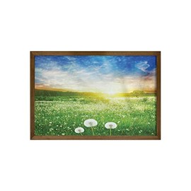 Ambesonne Spring Framed Wall Art, Dandelion Flower Field Meadow Rural Grass Vivid Sunset Clouds Idyllic Image, Fabric Decor with Teak Tone Wood Frame Home & Dorm Decor, 35" x 23", Lime Green Blue