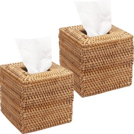 2 Pack Rattan Tissue Box Cover Square, Wicker Tissue Box Holder, Decorative Woven Facial Tissue Holder for Bathroom, Kitchen, Living Room, Bedroom (5.5 x 5.5 x 5.7 inch, Natural)