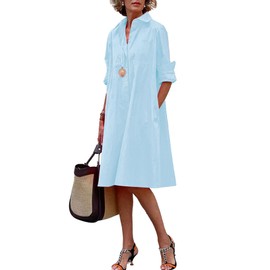 chouyatou Women's Spring Summer Button-Down Shirt Dress Loose A-Line Midi Shift Tunic Dress (X-Large, Blue)