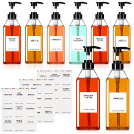 Nuogo 6 Pcs Coffee Syrup Dispenser Set 750ml, 500ml, 300ml, 150ml Pet Black Syrup Bottles with Pump Dispenser 27 Labels for Coffee Bar Kitchen Accessories Portable Travel(16.9 oz,Square)