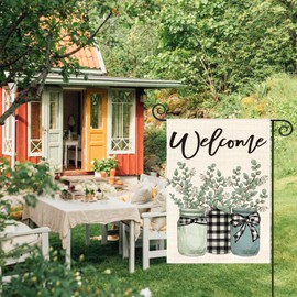 AVOIN colorlife Eucalyptus Mason Jar Spring Summer Garden Flag 12x18 Inch Double Sided Outside, Buffalo Plaid Welcome Yard Outdoor Flag