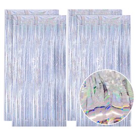 4Pcs 3.2ft x 6.5ft Silver Tinsel Curtains, Foil Fringe Curtain Streamers Backdrop Party Decoration for Wedding Graduation Birthday Christmas Holiday Party Decoration