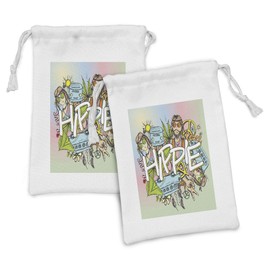 Ambesonne Modern Fabric Pouch Set of 2, Hippie Life with Man and Woman Peace Pacifism Liberal Sketch Illustration, Small Drawstring Bag for Toiletries Masks and Favors, 9" x 6", Multicolor