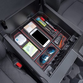 JDMCAR Center Console Organizer Compatible with 2022 2023 2024 2025 Toyota Tundra Accessories and 2023 2024 2025 toyota sequoia Armrest Secondary Storage Box ABS Material with Non-Slip Mats (Red Trim)