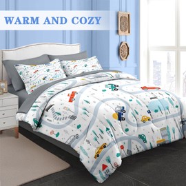 Pamnest Comforter Set Twin Size, Cute Car City 5 Pcs Bedding for Kids and Adults, Cartoon Tree Truck Bed Sheet Sets with Fitted Sheet Pillowcase & Sham for Bedroom Bed Decor