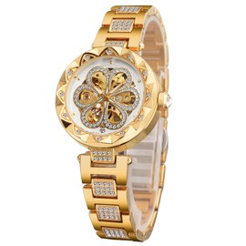 FORSINING Women Automatic Mechanical Watches Skeleton Steampunk Watch with Diamond and Carving Flower Craft Cold Watch for Women Minimalist Retro Design Mechanical Skeleton Wrist Watch Transparent