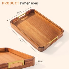 Acacia Wood Serving Tray with Metal Handles, 17x12in Food Drinks Tray for Coffee Table, Breakfast, Dinner & Bar, Rustic Decorative Storage Tray for Ottoman, Kitchen, Parties