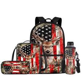 JEOCODY American Flag Hunting Camo Deer Kids Bookbag School Backpack with Lunch Box for Girls, Boys School Bag with Lunchbox and Water Bottle Holder and Pencil Pouch Set of 4 School Supplies