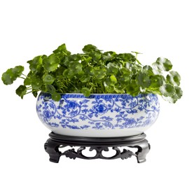 TOIVO Lotus Bowl Planter，White Ceramic Lotus Planter with Plastic Base 7.8”，Lotus Shape Hydroponic Water Lily Flower Pot