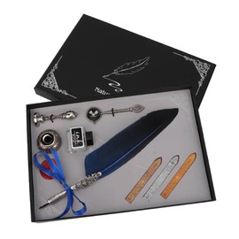 Vintage Retro Feather Dip Pen Alloy Nibs Calligraphy Writing Pen Gift with Box(Blue)