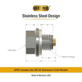 GoldPlug GoldPlug AP02 M14x1.5 Magnetic Drain Plug, 17mm Hex Head, 11mm Thread Length, 24mm Dia. Flange, 25.5mm OAL, uses Extra washers SW-02, Fits All Honda, Mitsubishi, and Suzuki Gasoline Engines