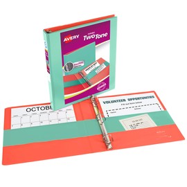 Avery Two-Tone Durable View 3 Ring Binder, 1 Inch Slant Rings, Mint/Coral Binder (17288)